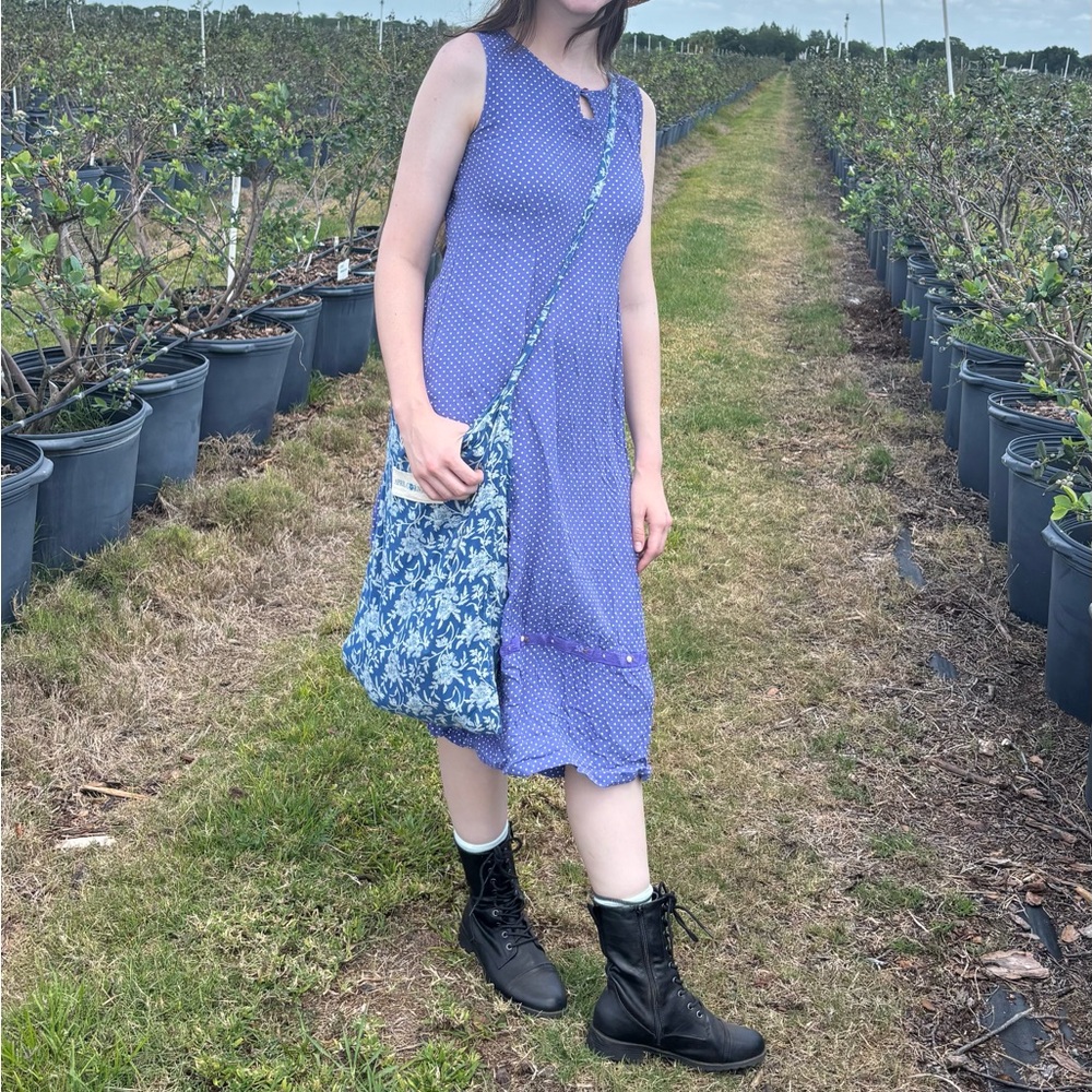 April Cornell vintage blue and white polka dot Midi sundress